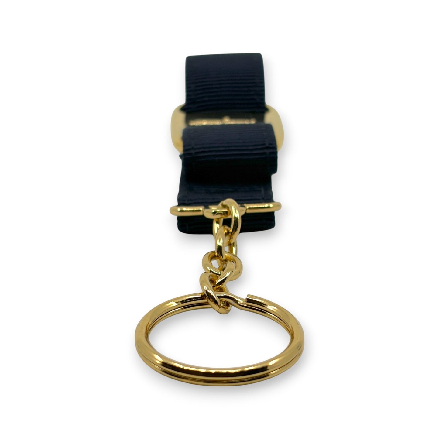 Salvatore Ferragamo Vara Ribbon Keychain Charm Black Gold Key Ring Auth