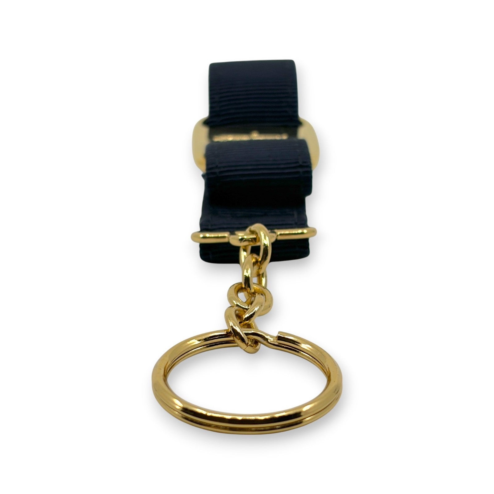 Salvatore Ferragamo Vara Ribbon Keychain Charm Black Gold Key Ring Auth