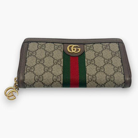 Gucci Ophidia GG Supreme Web Stripe Zip-Around Long Wallet Beige Monogram Logo