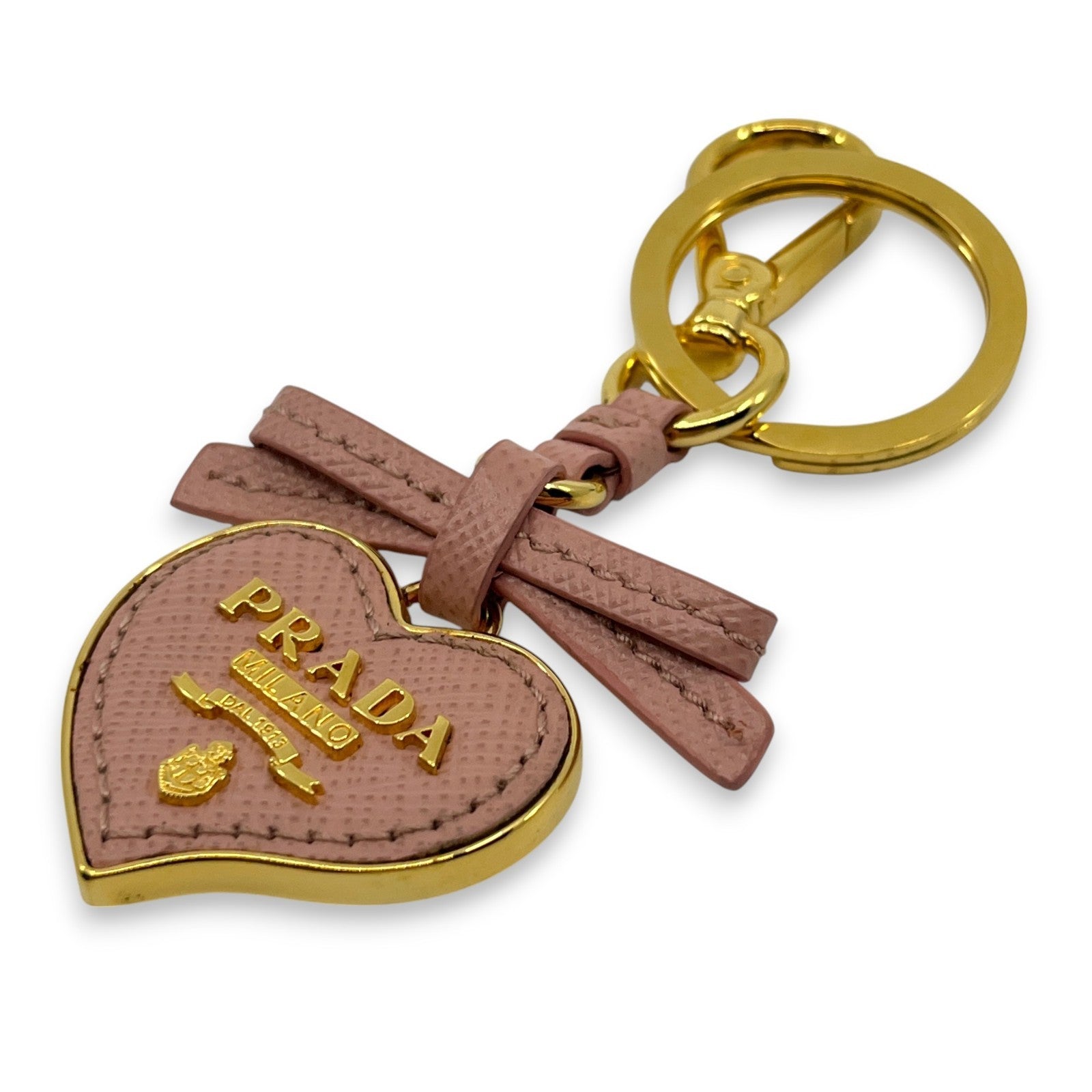 Prada Pink Saffiano Leather Heart Ribbon Key Ring Charm with Box Dust Bag