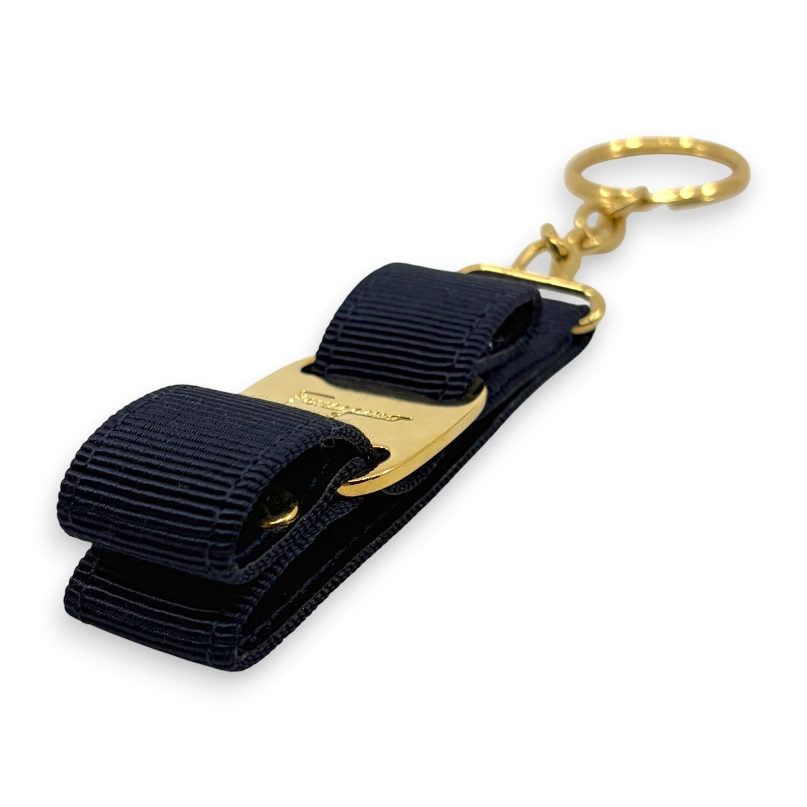 Salvatore Ferragamo Vara Ribbon Keychain Charm Black Gold Key Ring Auth