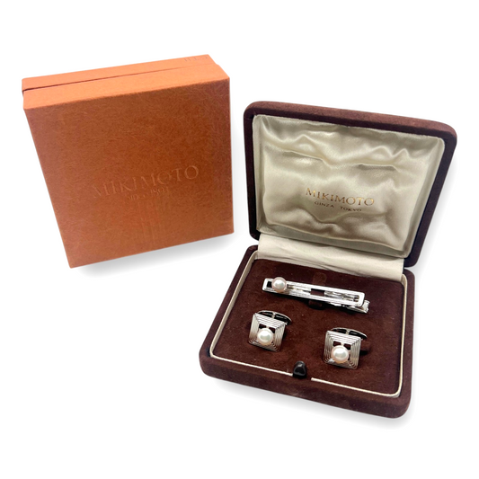 Mikimoto Pearl Cufflinks Tie Pin Clip Set Silver-Tone w/ Box Case