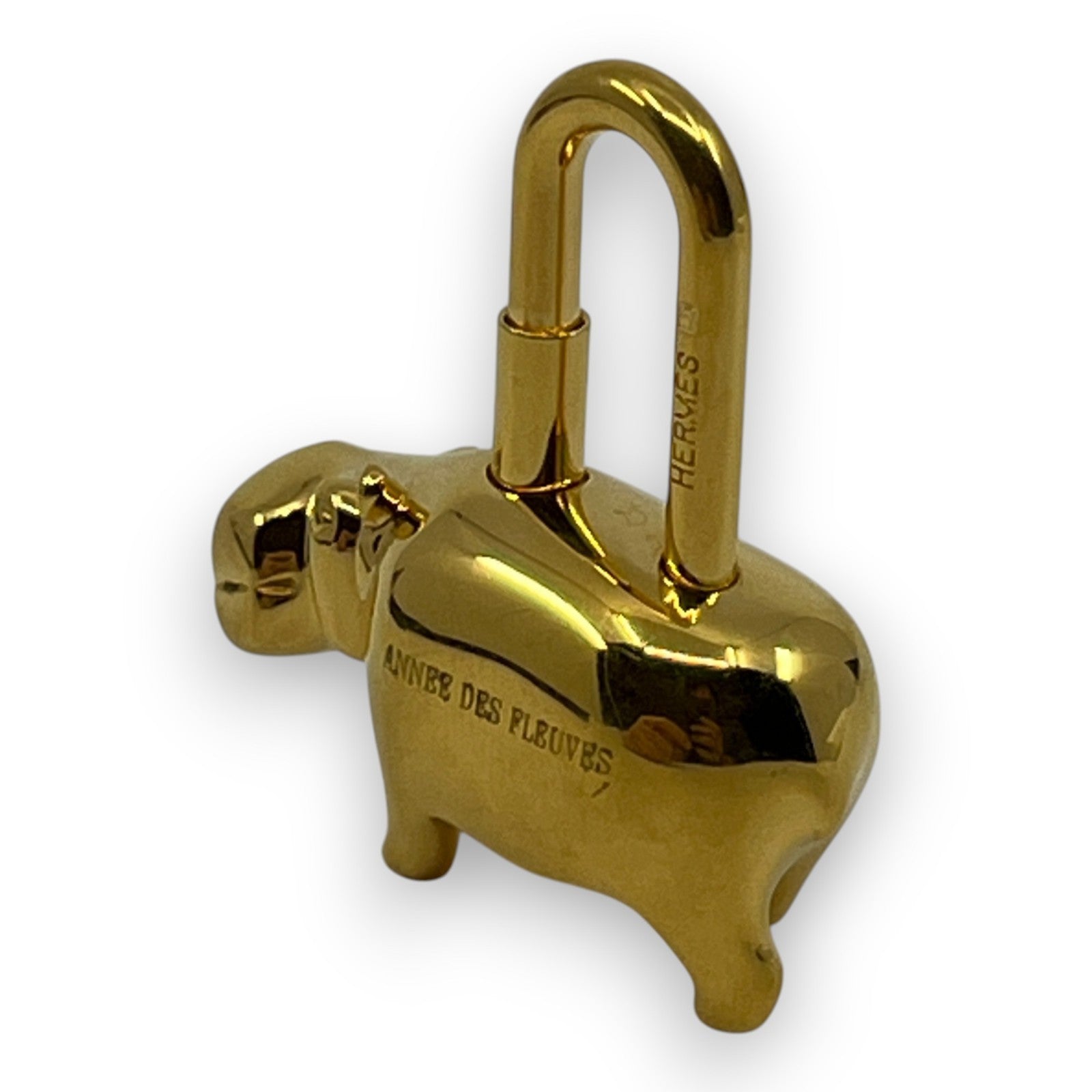 Hermes Cadena Annee Des Fleuves Hippopotamus Padlock Gold 2005 w/ Leather Strap