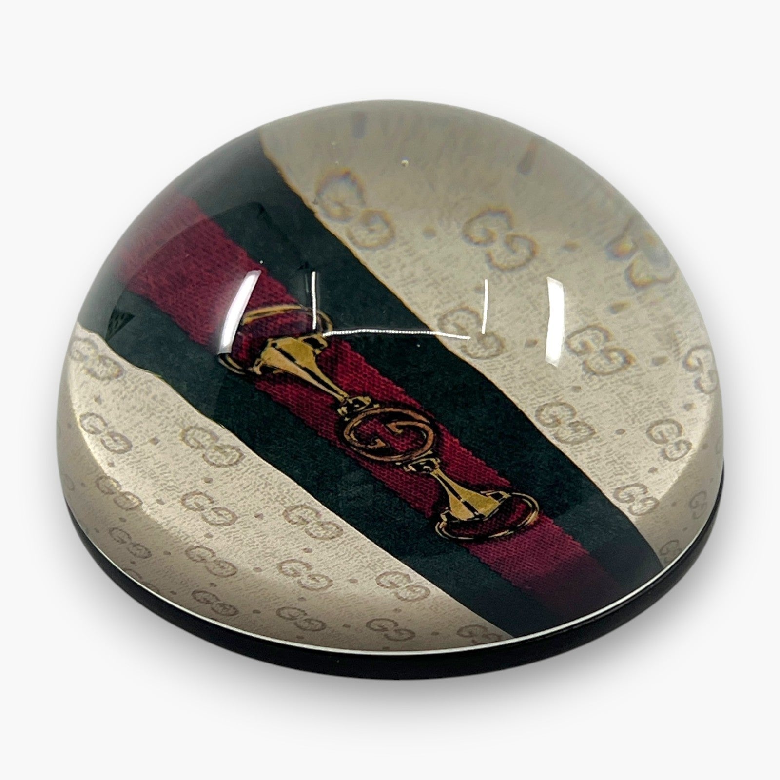 Gucci GG Monogram Horsebit Web Stripe Round Paperweight Decor Glass Italy Auth