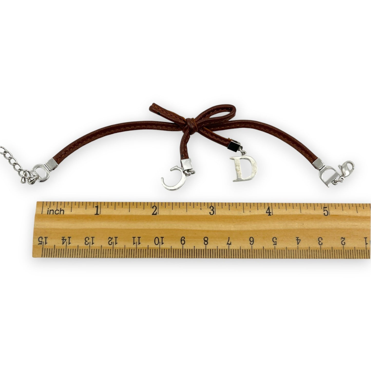 Christian Dior Ribbon CD Logo Brown Leather Bracelet with Silver-Tone Charms