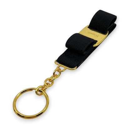 Salvatore Ferragamo Vara Black Gold Ribbon Keychain Charm Key ring with Box