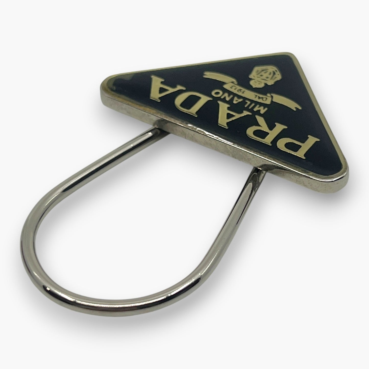 Prada Triangle Plate Logo Metal Bag Charm Keyring Keychain Black Silver M285