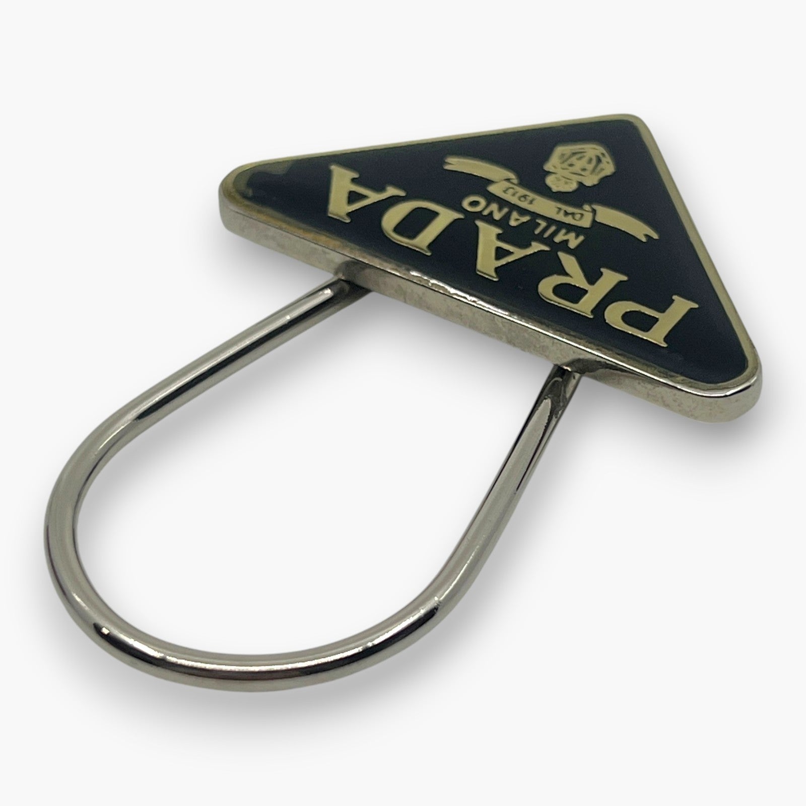 Prada Triangle Plate Logo Metal Bag Charm Keyring Keychain Black Silver M285