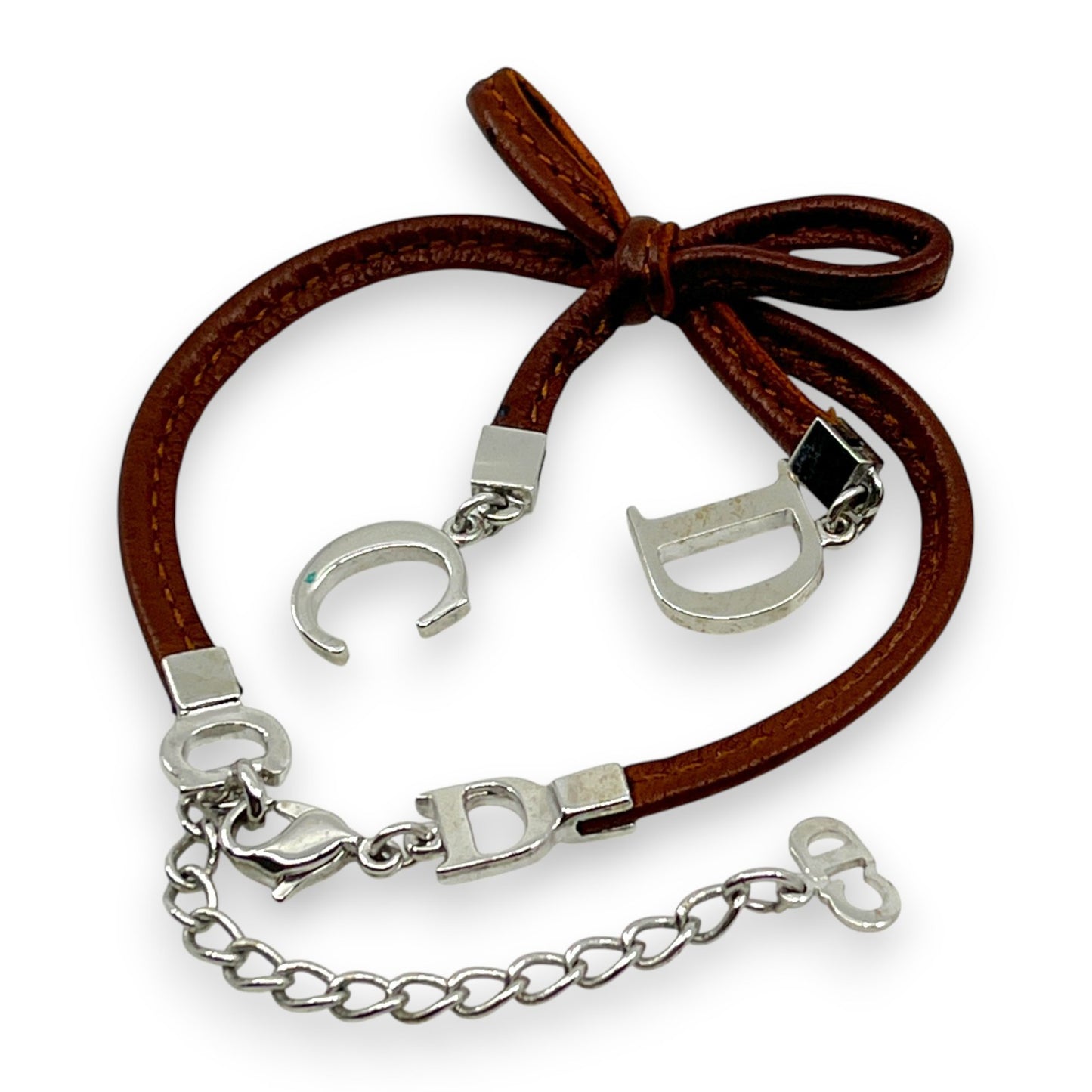 Christian Dior Ribbon CD Logo Brown Leather Bracelet with Silver-Tone Charms