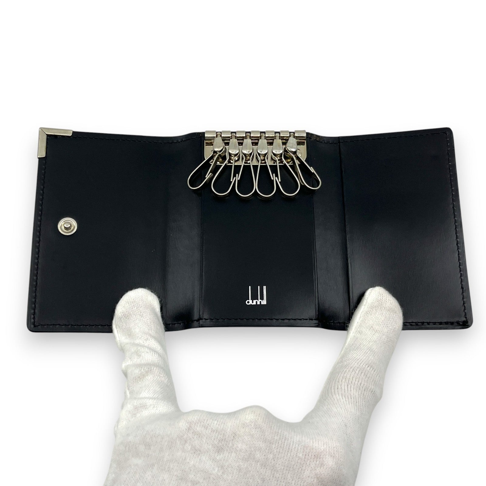 Dunhill Black Leather Key Case with 6 Silver-Tone Hooks w/ Box Card Cloth