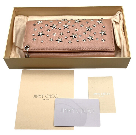 Jimmy Choo Studded Leather Chain Long Wallet Pink w/ Box Storage Bag Certificate