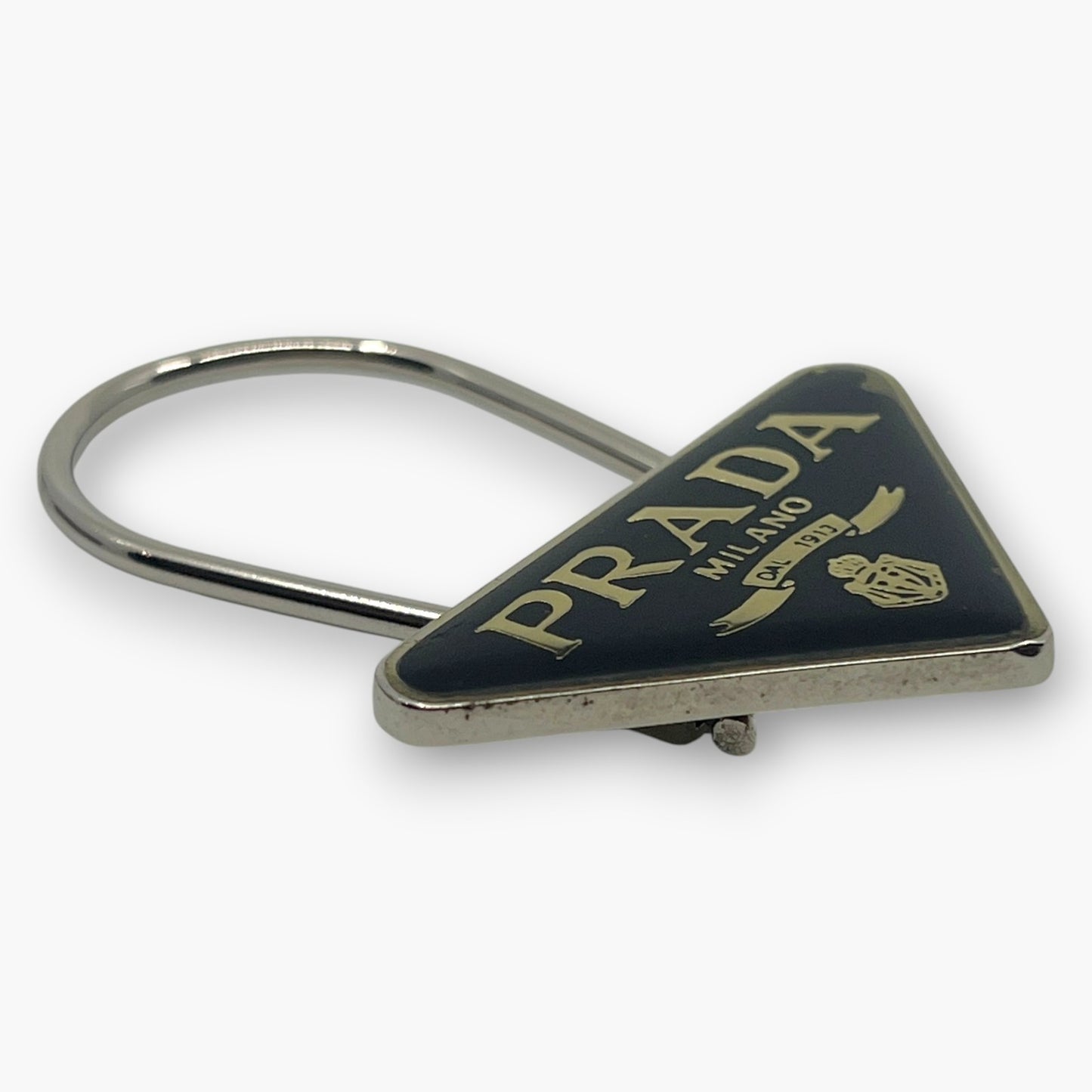Prada Triangle Plate Logo Metal Bag Charm Keyring Keychain Black Silver M285
