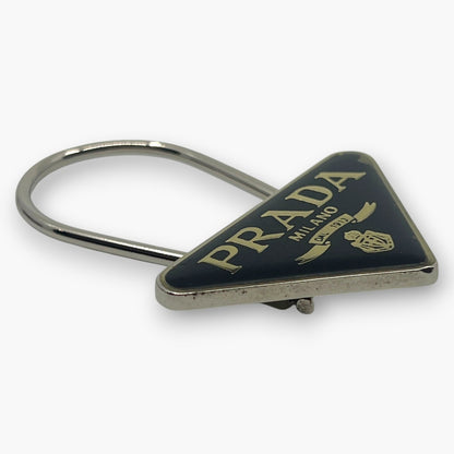 Prada Triangle Plate Logo Metal Bag Charm Keyring Keychain Black Silver M285