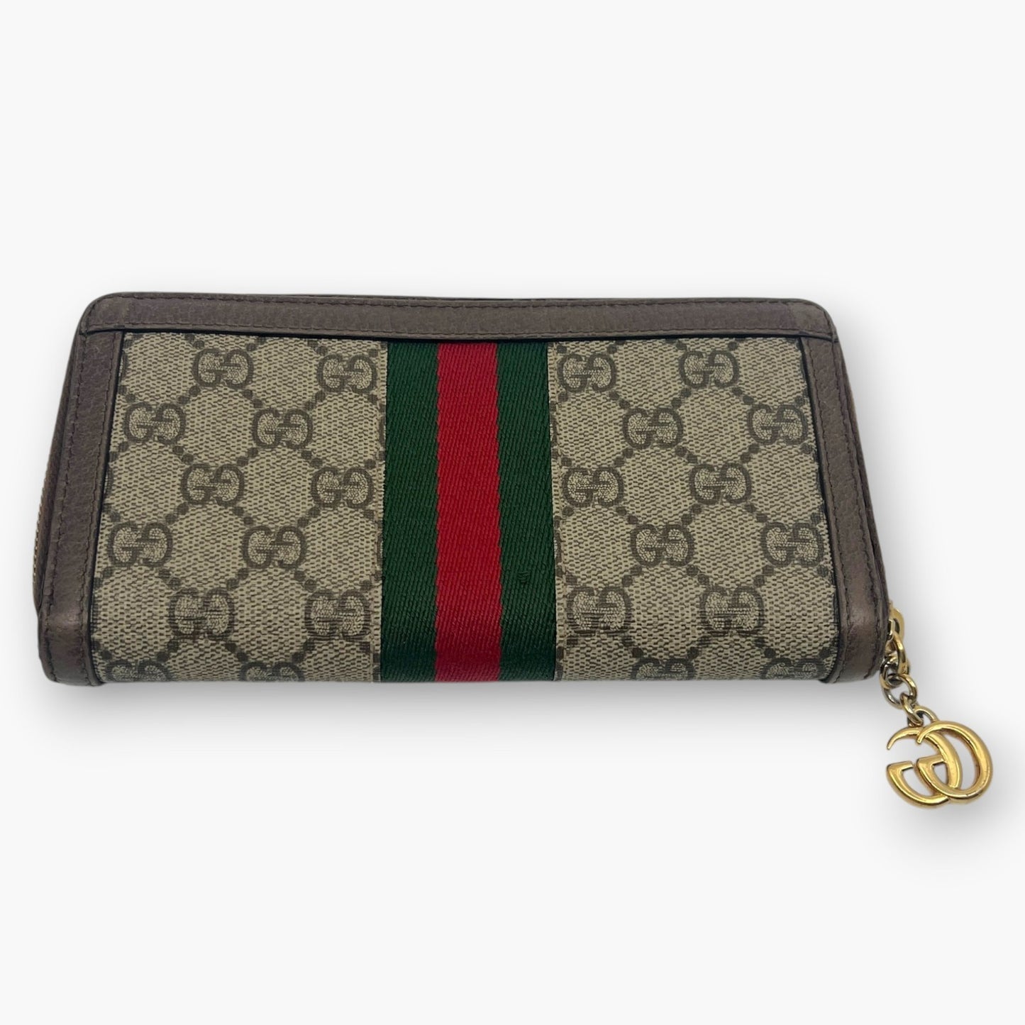 Gucci Ophidia GG Supreme Web Stripe Zip-Around Long Wallet Beige Monogram Logo