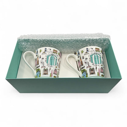 Tiffany & Co. 5th Avenue Bone China Mug 2 Cups Pair Set in NYC Design w/ Box