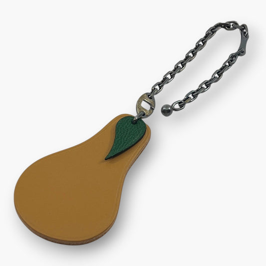 Hermes Pear and Leaf Leather Bag Charm Fruit Key Holder w/ Box