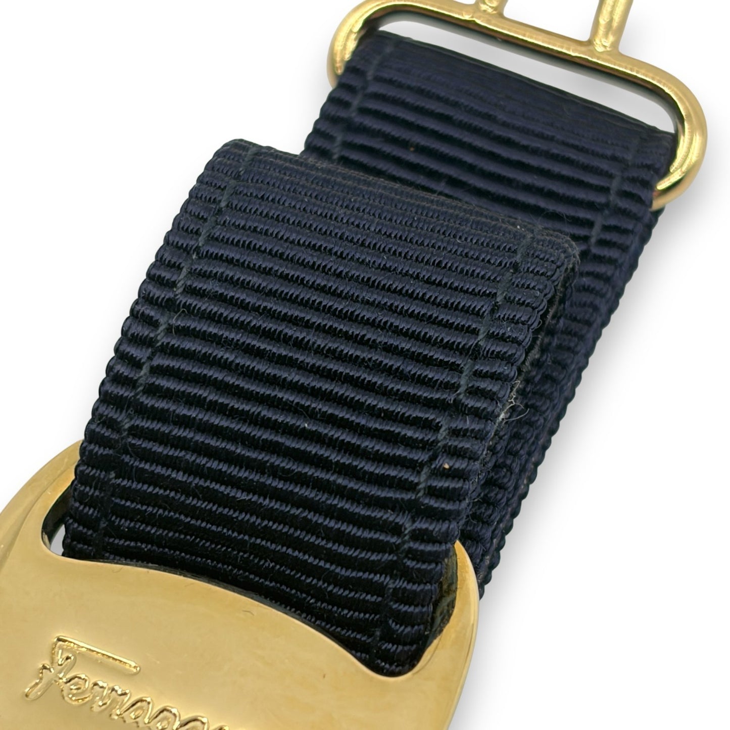Salvatore Ferragamo Vara Ribbon Keychain Charm Black Gold Key Ring Auth
