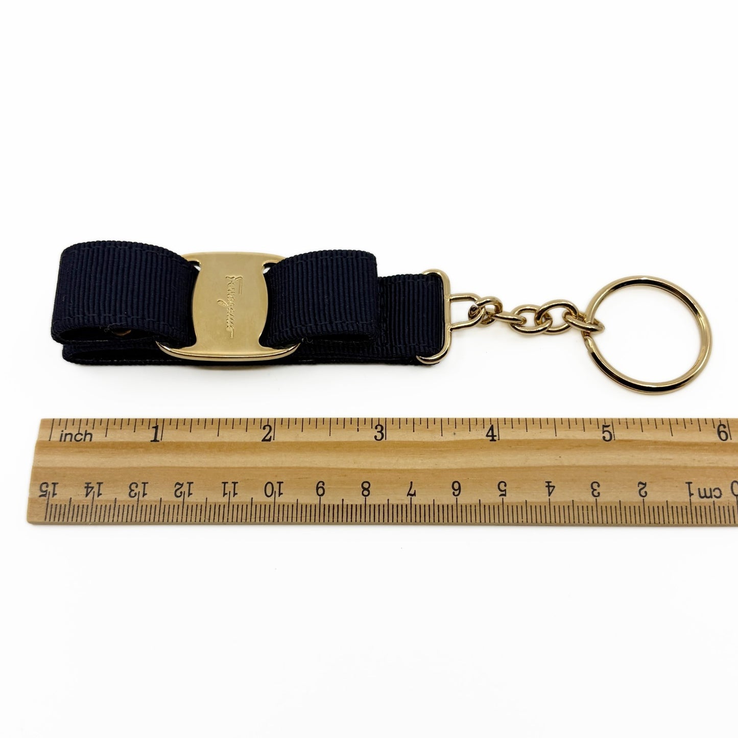 Salvatore Ferragamo Vara Ribbon Keychain Charm Black Gold Key Ring Auth