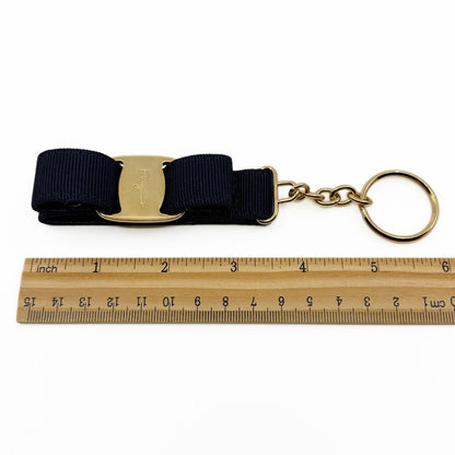Salvatore Ferragamo Vara Ribbon Keychain Charm Black Gold Key Ring Auth