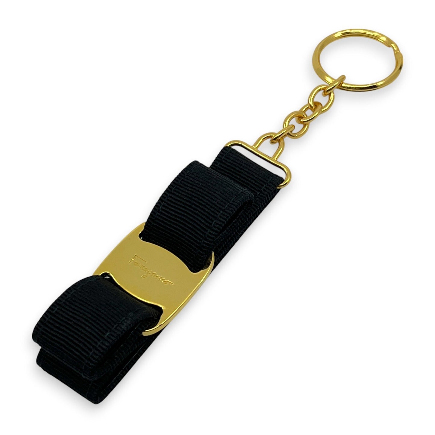 Salvatore Ferragamo Vara Black Gold Ribbon Keychain Charm Key ring with Box