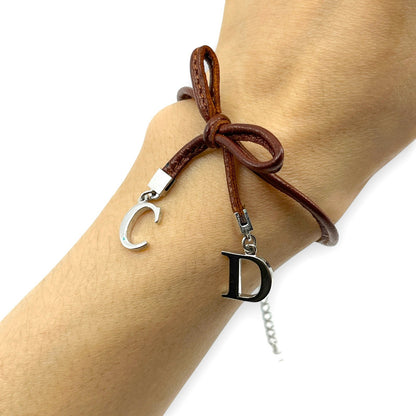 Christian Dior Ribbon CD Logo Brown Leather Bracelet with Silver-Tone Charms