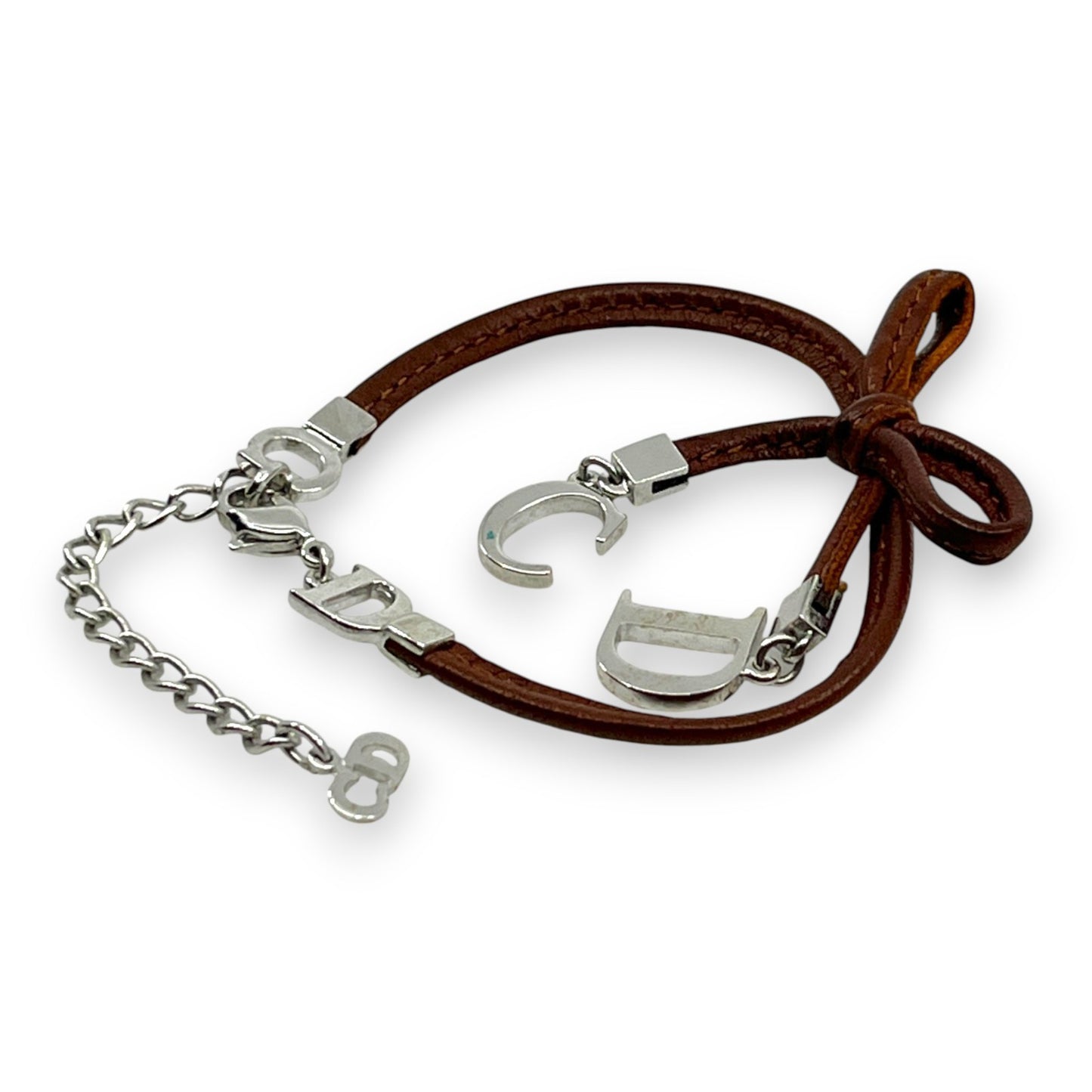 Christian Dior Ribbon CD Logo Brown Leather Bracelet with Silver-Tone Charms
