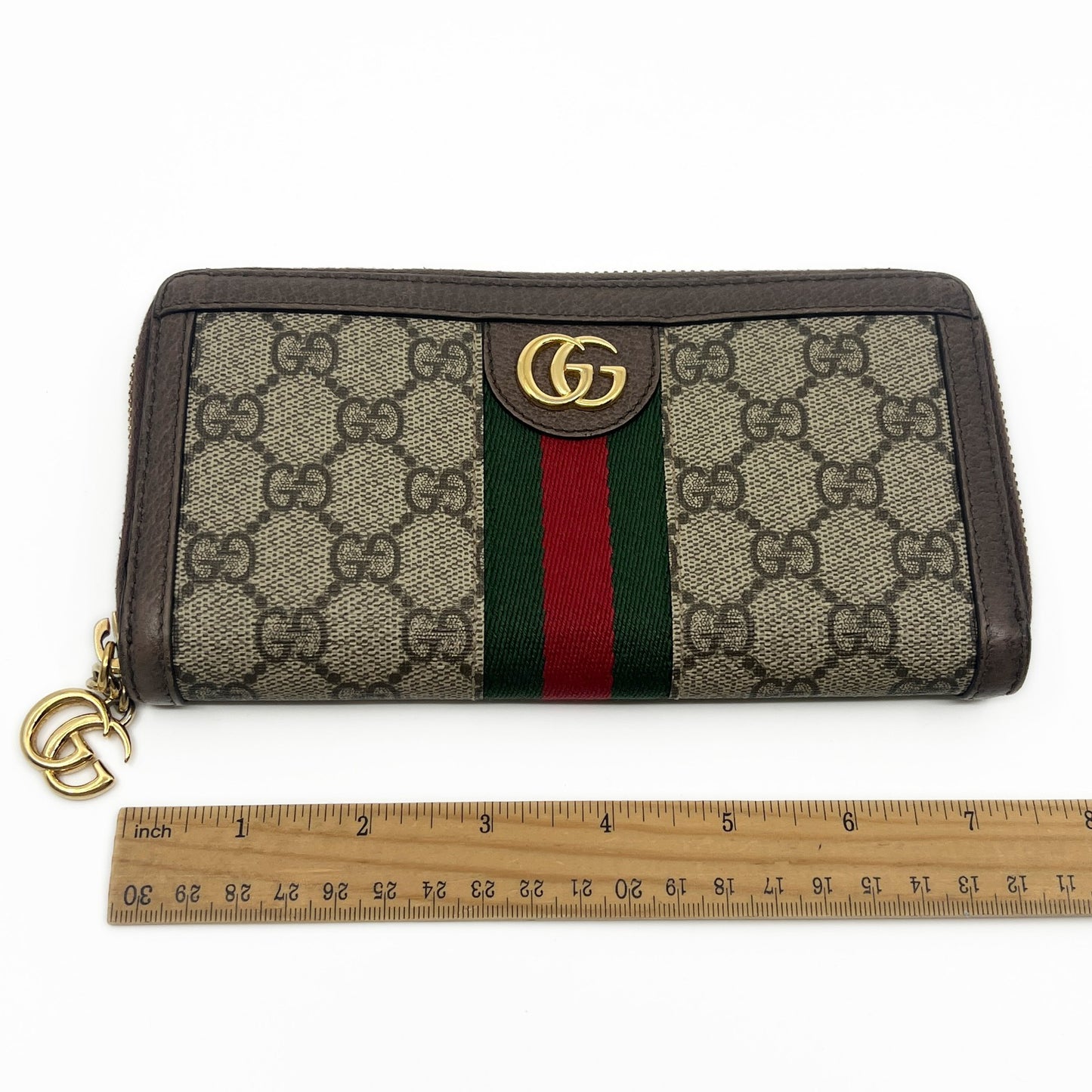 Gucci Ophidia GG Supreme Web Stripe Zip-Around Long Wallet Beige Monogram Logo