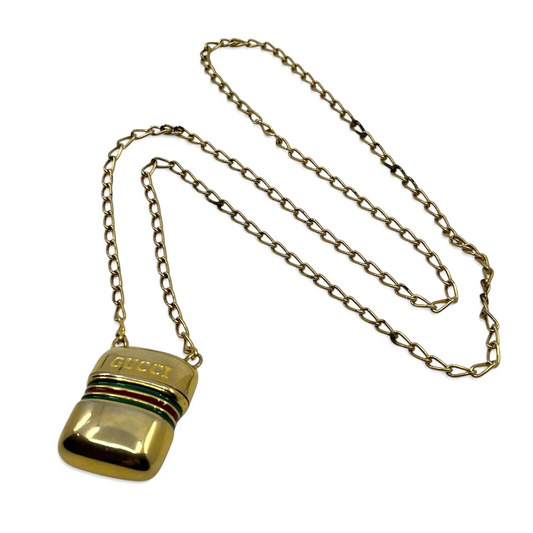 Gucci Perfume Bottle Necklace Gold-Tone with Green & Red Web Stripe Sherry Line