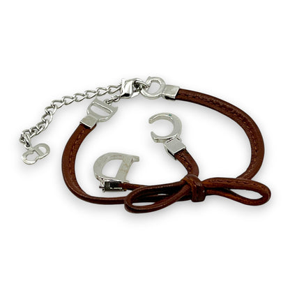 Christian Dior Ribbon CD Logo Brown Leather Bracelet with Silver-Tone Charms