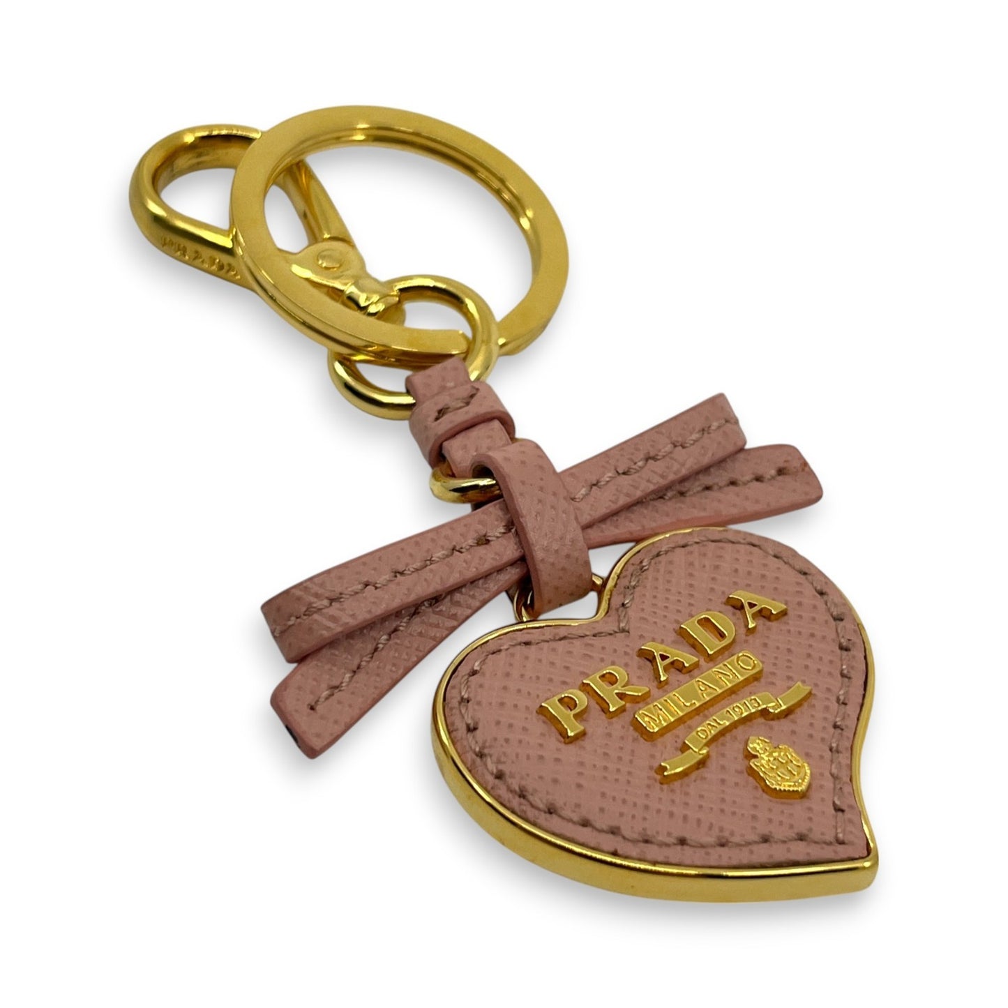 Prada Pink Saffiano Leather Heart Ribbon Key Ring Charm with Box Dust Bag