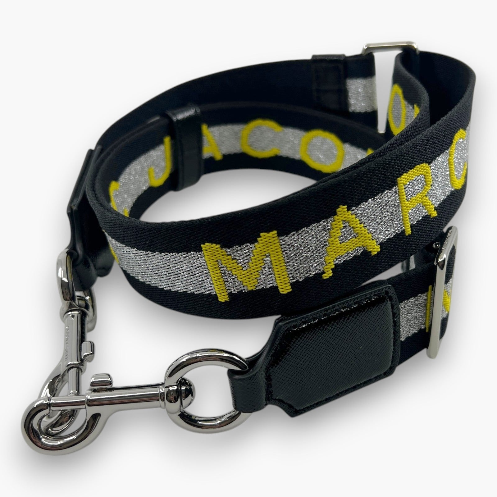 Marc Jacobs Logo Webbing Adjustable Shoulder Bag Strap Black Silver Yellow