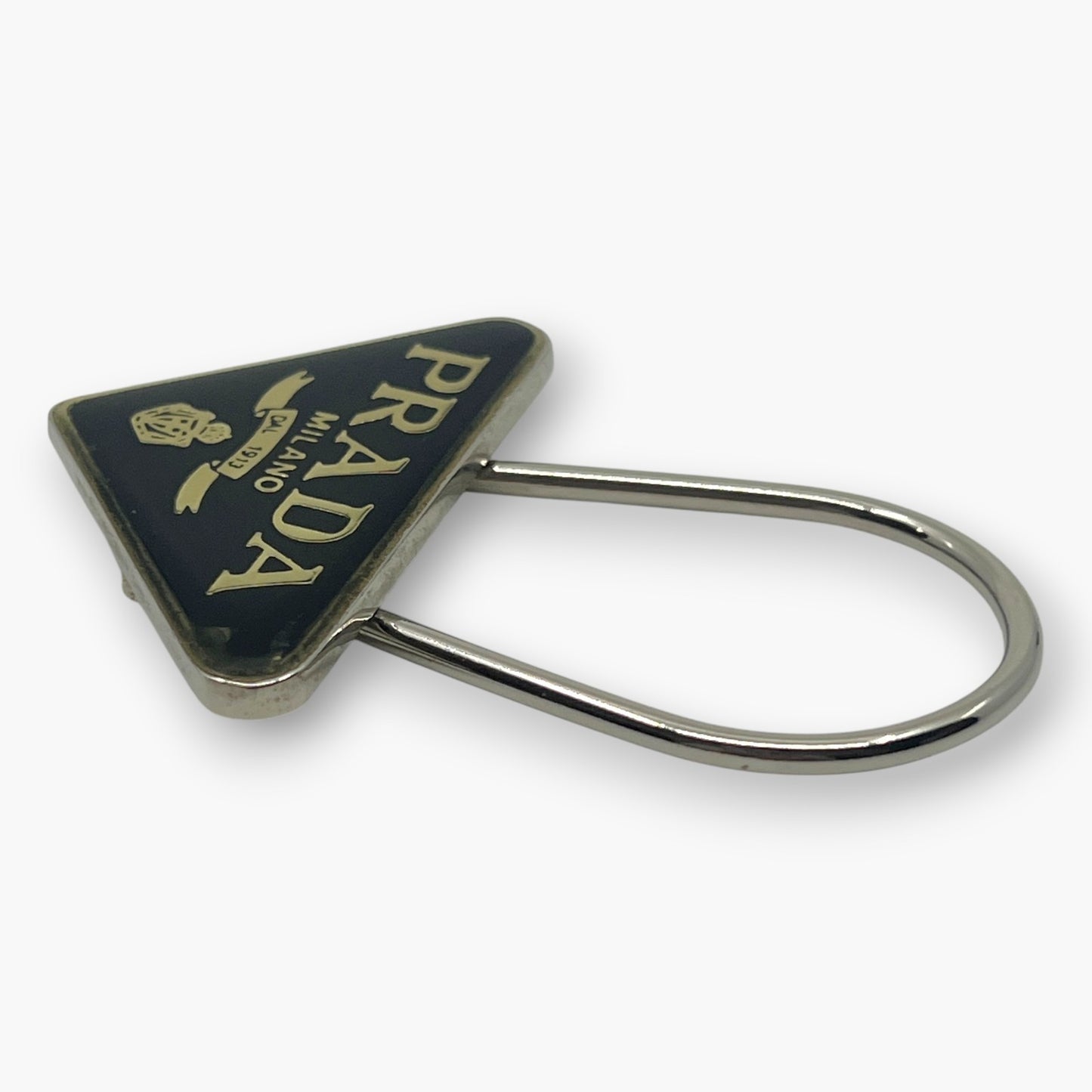 Prada Triangle Plate Logo Metal Bag Charm Keyring Keychain Black Silver M285
