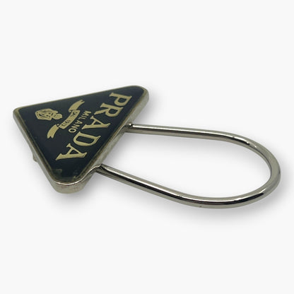 Prada Triangle Plate Logo Metal Bag Charm Keyring Keychain Black Silver M285