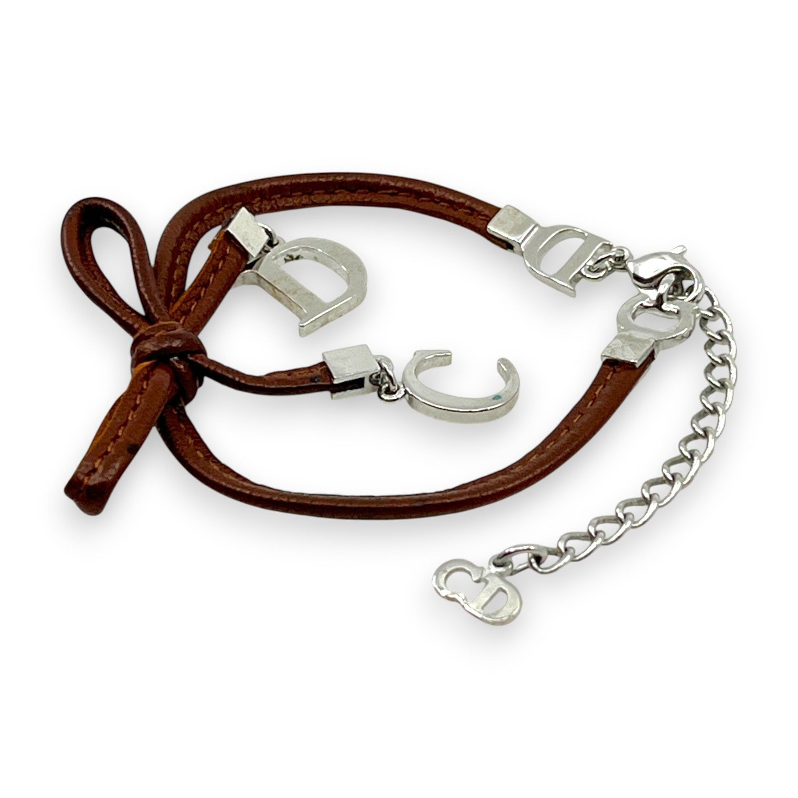 Christian Dior Ribbon CD Logo Brown Leather Bracelet with Silver-Tone Charms