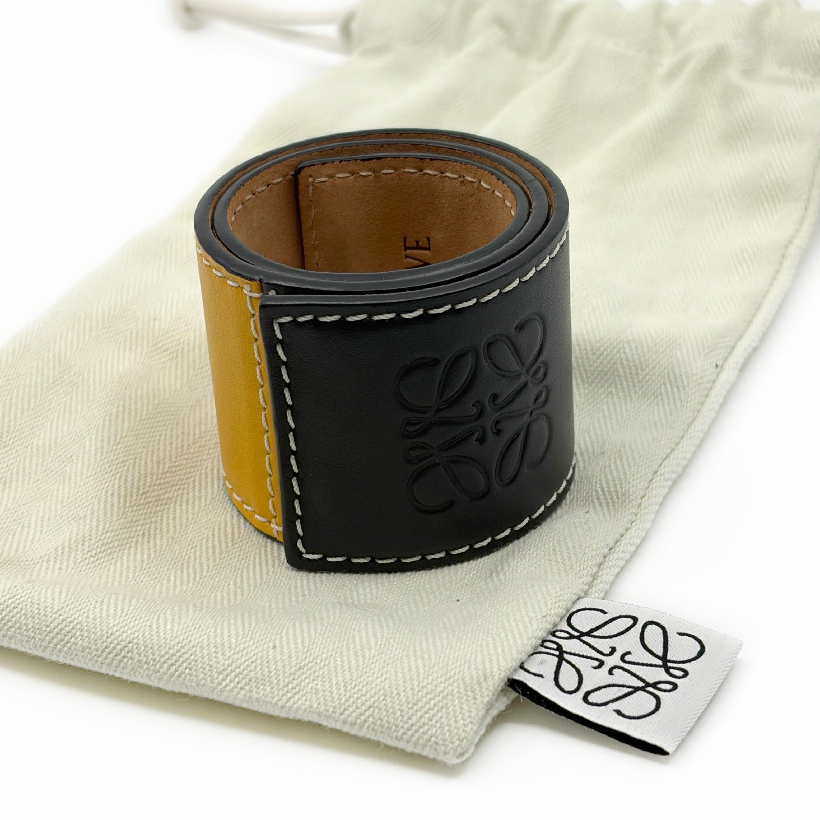 Loewe Anagram Slap Bracelet Black Yellow Leather Bicolor with Dust Bag