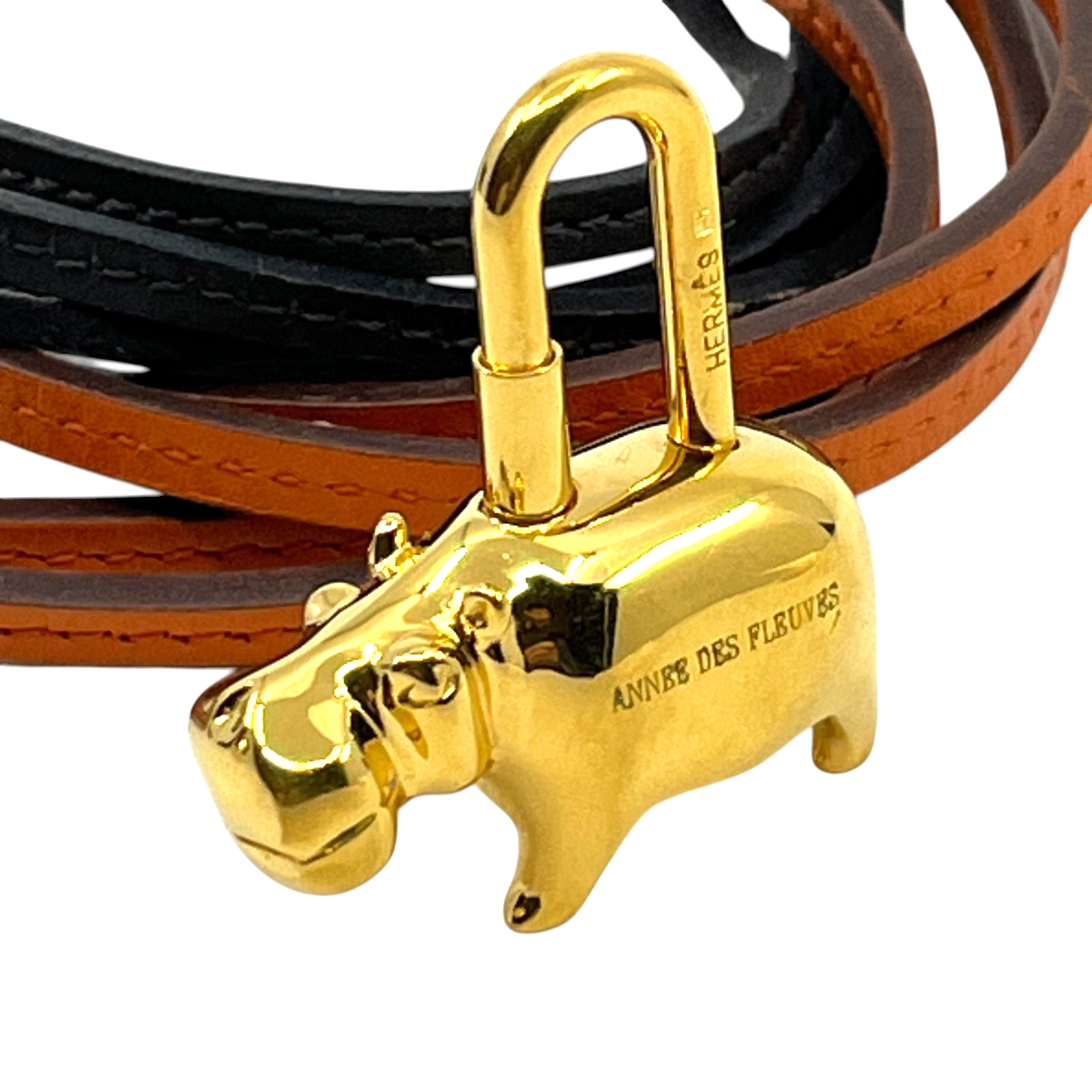 Hermes Cadena Annee Des Fleuves Hippopotamus Padlock Gold 2005 w/ Leather Strap