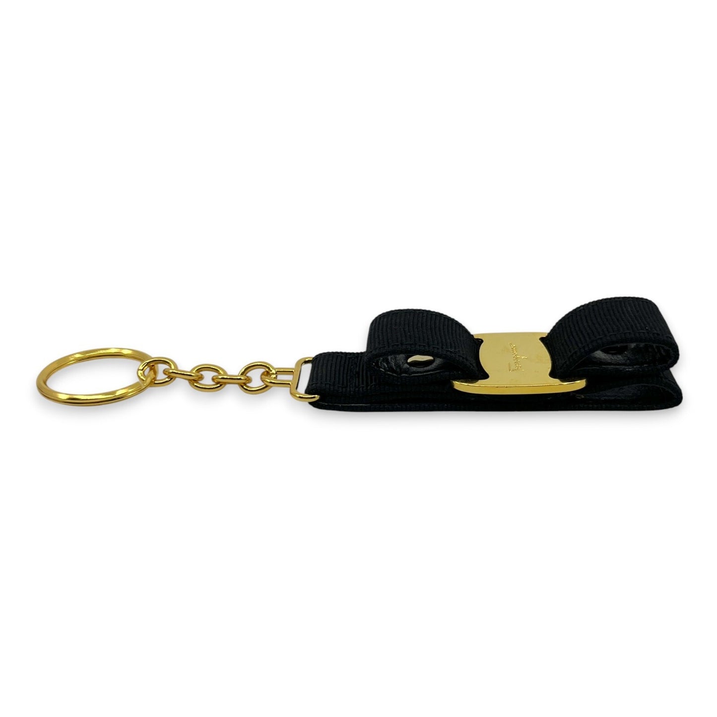 Salvatore Ferragamo Vara Black Gold Ribbon Keychain Charm Key ring with Box