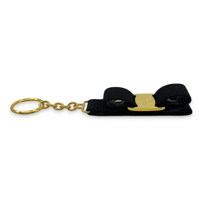Salvatore Ferragamo Vara Black Gold Ribbon Keychain Charm Key ring with Box