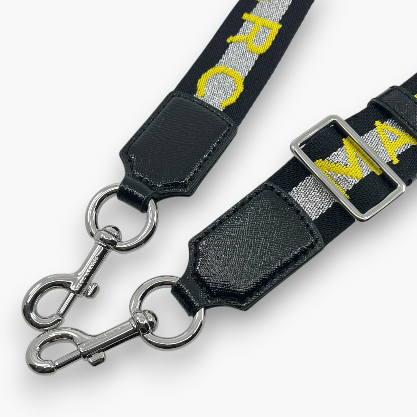 Marc Jacobs Logo Webbing Adjustable Shoulder Bag Strap Black Silver Yellow