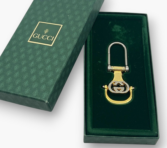 Gucci Interlocking GG Key Ring Gold Silver Tone Bag Charm with Box Auth