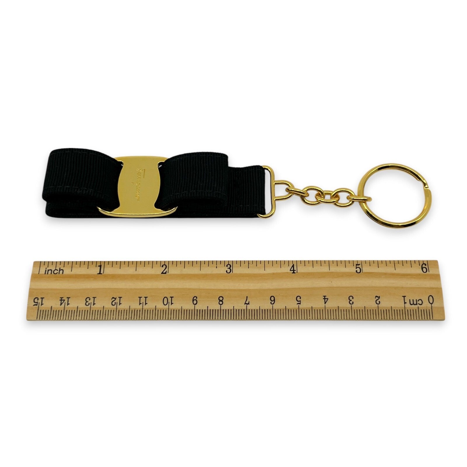 Salvatore Ferragamo Vara Black Gold Ribbon Keychain Charm Key ring with Box