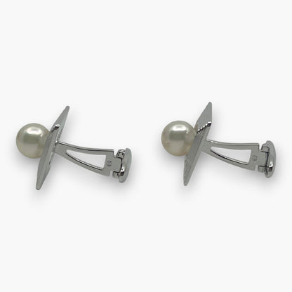 Mikimoto Pearl Cufflinks Tie Pin Clip Set Silver-Tone w/ Box Case