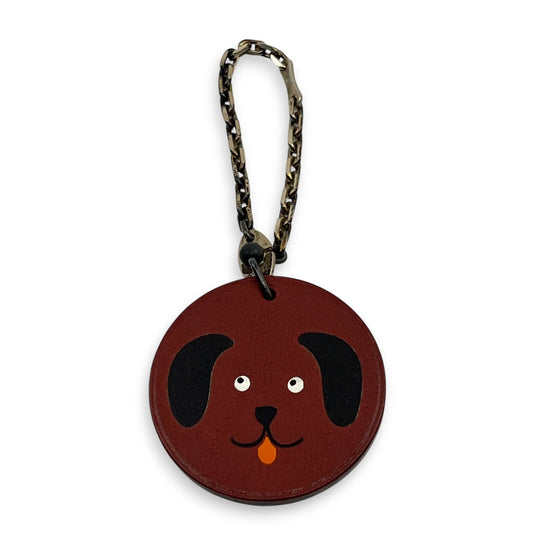 Hermes Leather Animal Round Dog Face Bag Key Charm Brown Leather w/Silver Chain