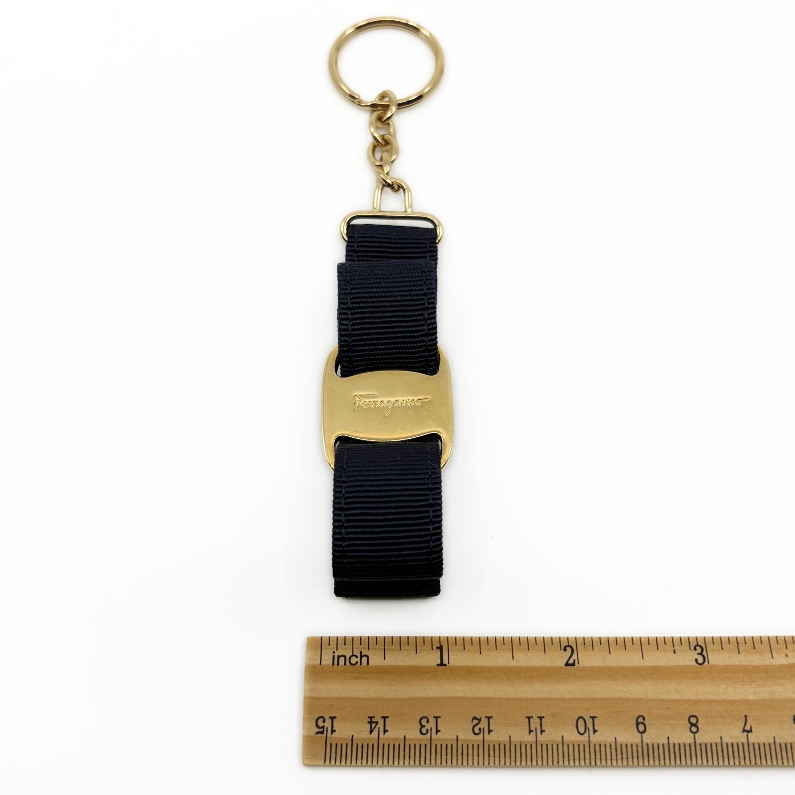Salvatore Ferragamo Vara Ribbon Keychain Charm Black Gold Key Ring Auth