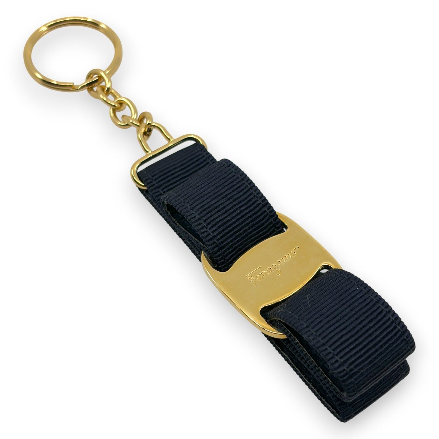Salvatore Ferragamo Vara Ribbon Keychain Charm Black Gold Key Ring Auth