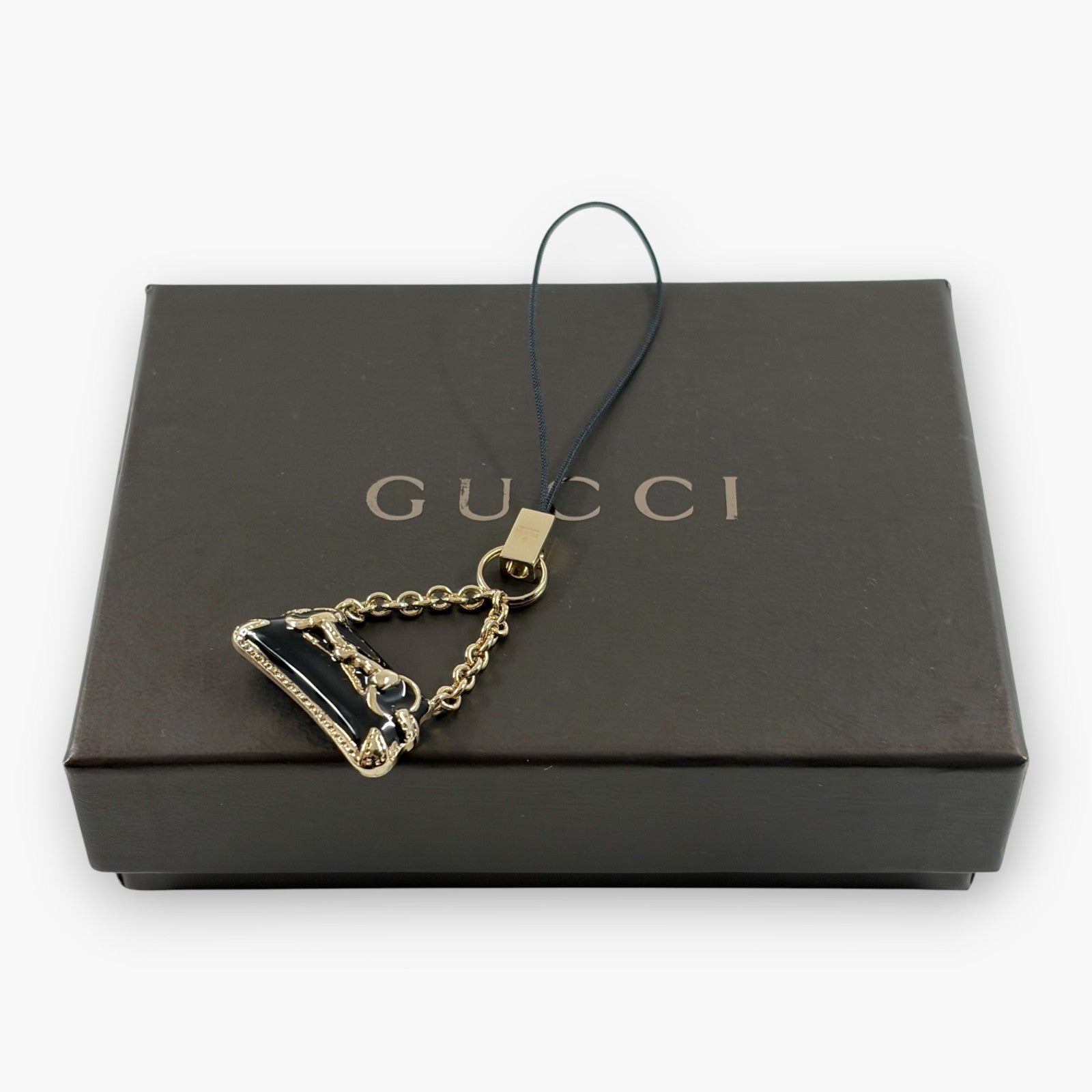 Gucci Horsebit Black Enamel Phone Strap Mini Charm with Box