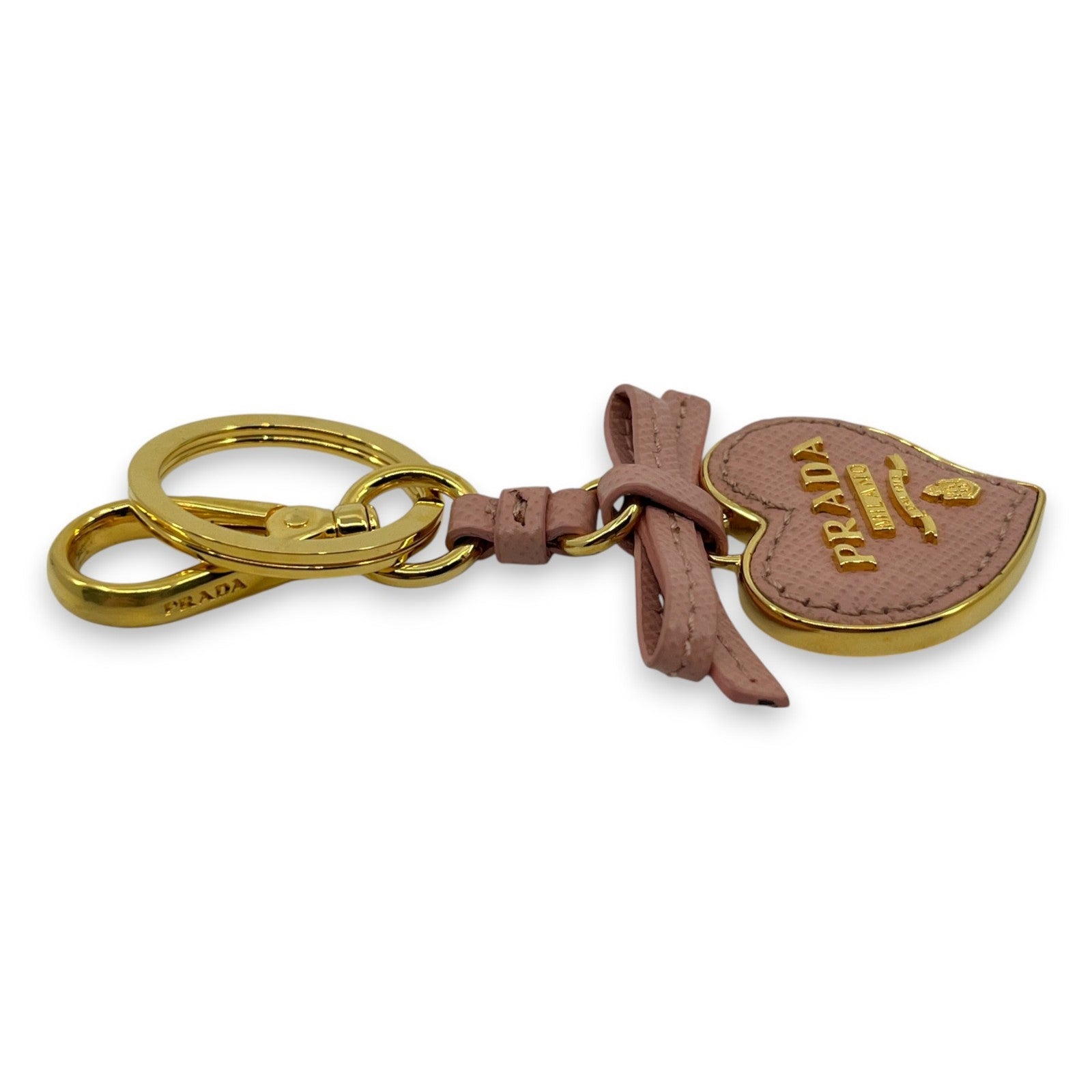 Prada Pink Saffiano Leather Heart Ribbon Key Ring Charm with Box Dust Bag