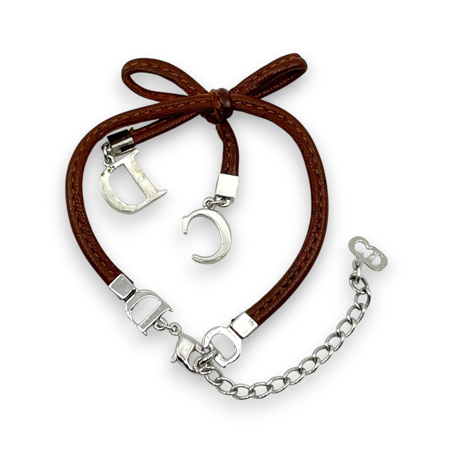 Christian Dior Ribbon CD Logo Brown Leather Bracelet with Silver-Tone Charms