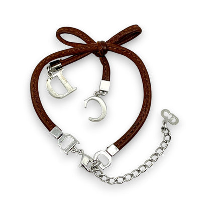 Christian Dior Ribbon CD Logo Brown Leather Bracelet with Silver-Tone Charms