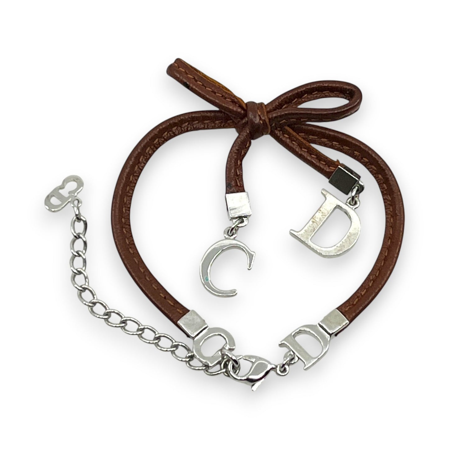 Christian Dior Ribbon CD Logo Brown Leather Bracelet with Silver-Tone Charms